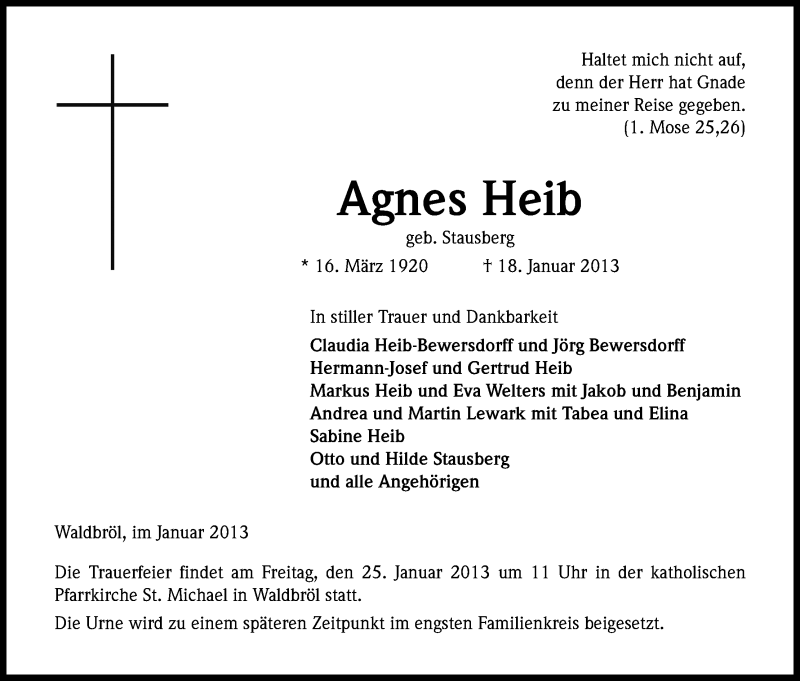  Traueranzeige für Agnes Heib vom 22.01.2013 aus Kölner Stadt-Anzeiger / Kölnische Rundschau / Express