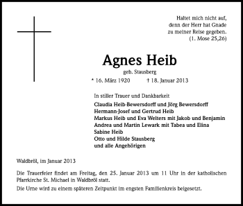 Anzeige von Agnes Heib von Kölner Stadt-Anzeiger / Kölnische Rundschau / Express