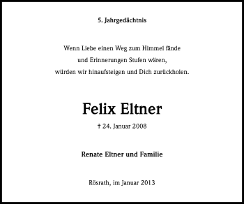 Anzeige von Felix Eltner von Kölner Stadt-Anzeiger / Kölnische Rundschau / Express
