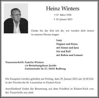 Anzeige von Heinz Winters von Kölner Stadt-Anzeiger / Kölnische Rundschau / Express