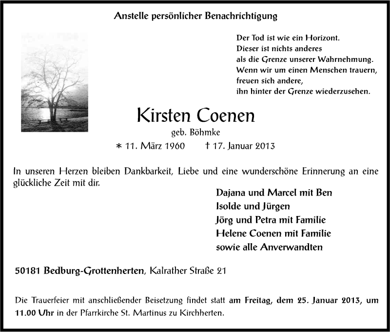  Traueranzeige für Kirsten Coenen vom 23.01.2013 aus Kölner Stadt-Anzeiger / Kölnische Rundschau / Express