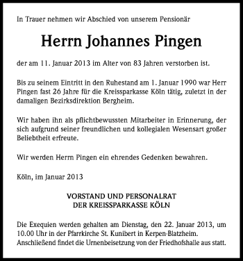 Anzeige von Johannes Pingen von Kölner Stadt-Anzeiger / Kölnische Rundschau / Express