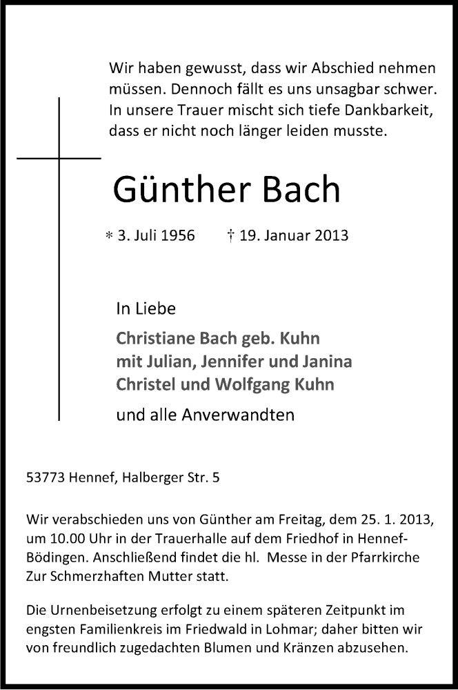  Traueranzeige für Günther Bach vom 22.01.2013 aus Kölner Stadt-Anzeiger / Kölnische Rundschau / Express