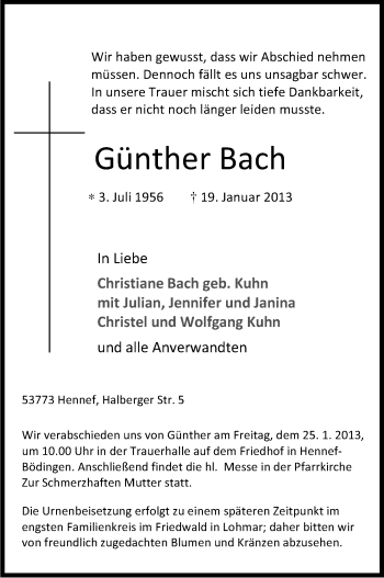 Anzeige von Günther Bach von Kölner Stadt-Anzeiger / Kölnische Rundschau / Express