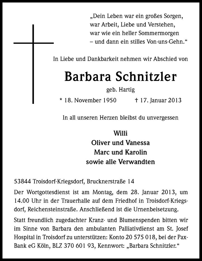  Traueranzeige für Barbara Schnitzler vom 23.01.2013 aus Kölner Stadt-Anzeiger / Kölnische Rundschau / Express