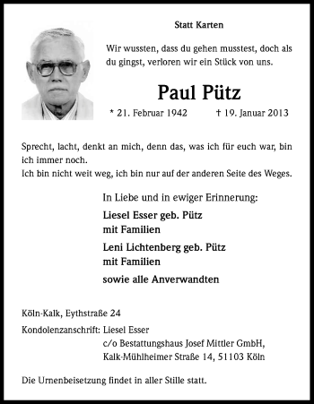 Anzeige von Paul Pütz von Kölner Stadt-Anzeiger / Kölnische Rundschau / Express