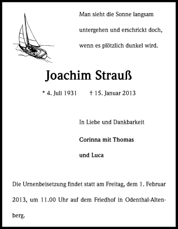 Anzeige von Joachim Strauß von Kölner Stadt-Anzeiger / Kölnische Rundschau / Express