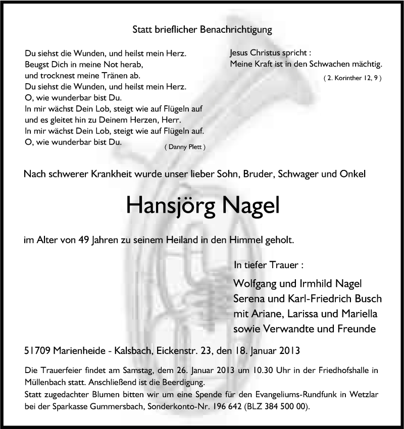  Traueranzeige für Hansjörg Nagel vom 22.01.2013 aus Kölner Stadt-Anzeiger / Kölnische Rundschau / Express