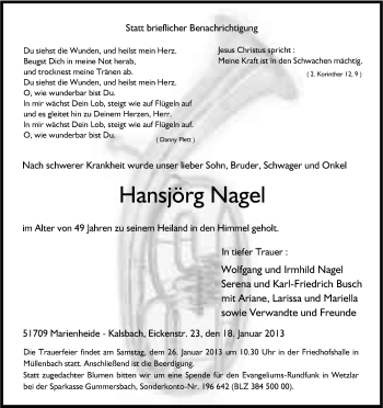 Anzeige von Hansjörg Nagel von Kölner Stadt-Anzeiger / Kölnische Rundschau / Express