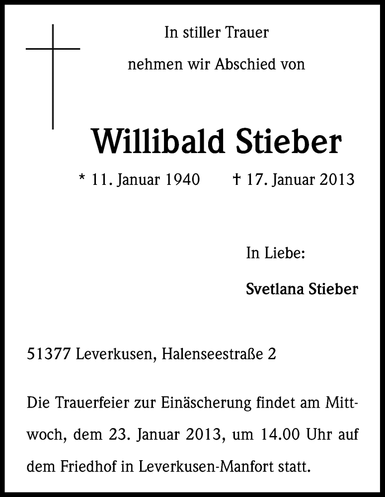  Traueranzeige für Willibald Stieber vom 22.01.2013 aus Kölner Stadt-Anzeiger / Kölnische Rundschau / Express