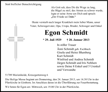 Anzeige von Egon Schmidt von Kölner Stadt-Anzeiger / Kölnische Rundschau / Express