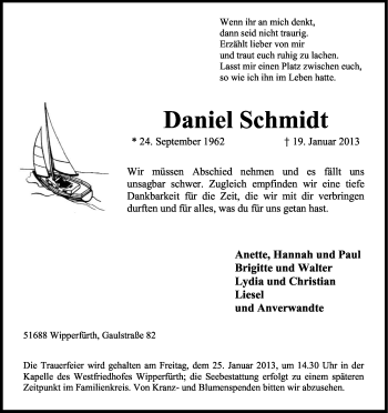Anzeige von Daniel Schmidt von Kölner Stadt-Anzeiger / Kölnische Rundschau / Express