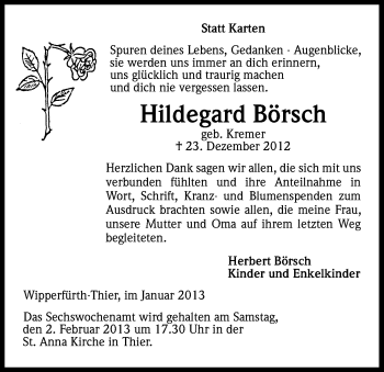 Anzeige von Hildegard Börsch von Kölner Stadt-Anzeiger / Kölnische Rundschau / Express