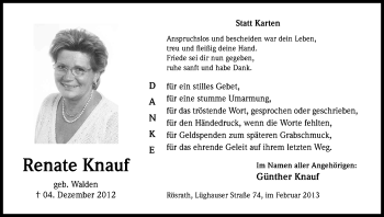 Anzeige von Renate Knauf von Kölner Stadt-Anzeiger / Kölnische Rundschau / Express