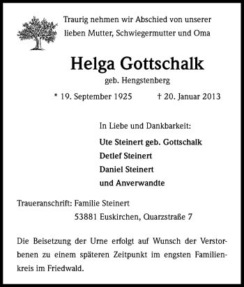 Anzeige von Helga Gottschalk von Kölner Stadt-Anzeiger / Kölnische Rundschau / Express