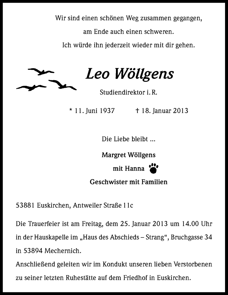  Traueranzeige für Leo Wöllgens vom 22.01.2013 aus Kölner Stadt-Anzeiger / Kölnische Rundschau / Express