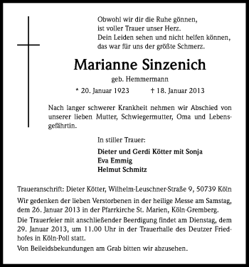 Anzeige von Marianne Sinzenich von Kölner Stadt-Anzeiger / Kölnische Rundschau / Express