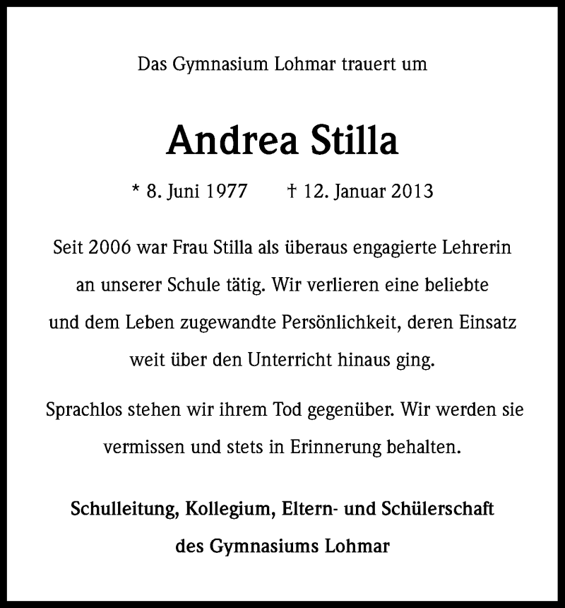  Traueranzeige für Andrea Stilla vom 22.01.2013 aus Kölner Stadt-Anzeiger / Kölnische Rundschau / Express