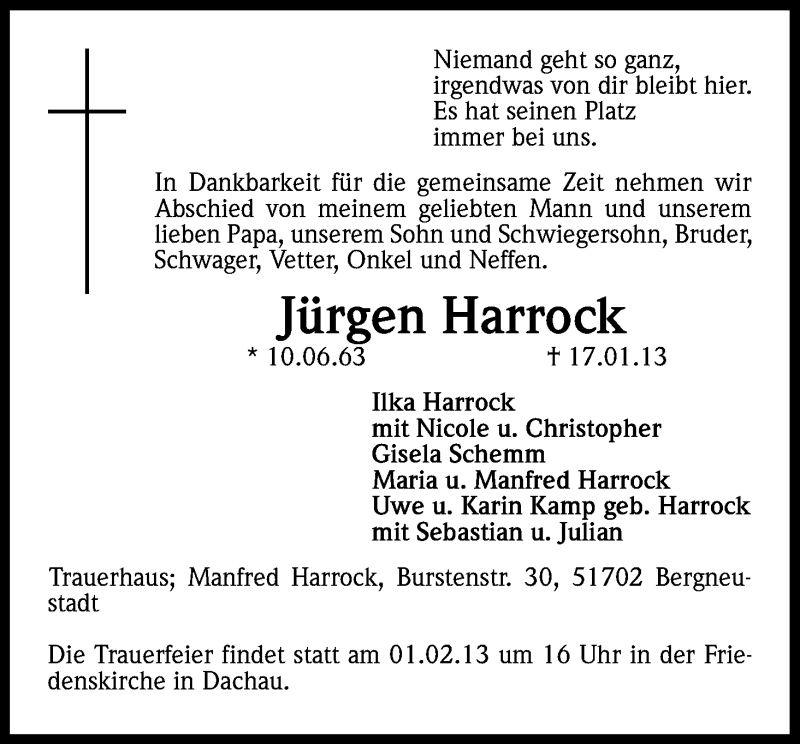  Traueranzeige für Jürgen Harrock vom 22.01.2013 aus Kölner Stadt-Anzeiger / Kölnische Rundschau / Express
