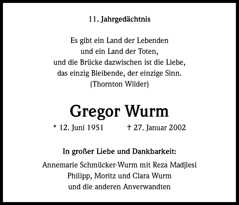  Traueranzeige für Gregor Wurm vom 26.01.2013 aus Kölner Stadt-Anzeiger / Kölnische Rundschau / Express