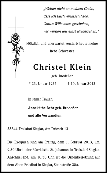 Anzeige von Christel Klein von Kölner Stadt-Anzeiger / Kölnische Rundschau / Express