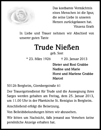 Anzeige von Trude Nießen von Kölner Stadt-Anzeiger / Kölnische Rundschau / Express