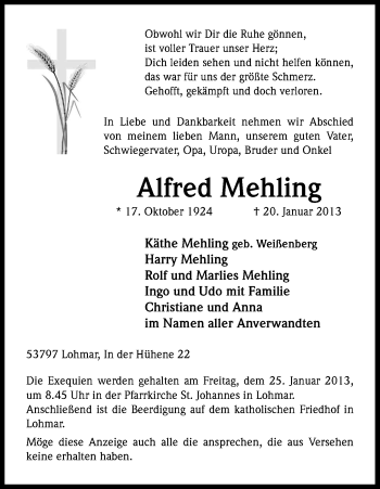 Anzeige von Alfred Mehling von Kölner Stadt-Anzeiger / Kölnische Rundschau / Express