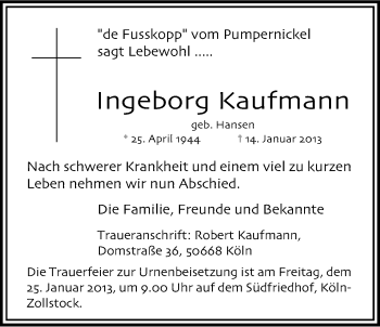 Anzeige von Ingeborg Kaufmann von Kölner Stadt-Anzeiger / Kölnische Rundschau / Express