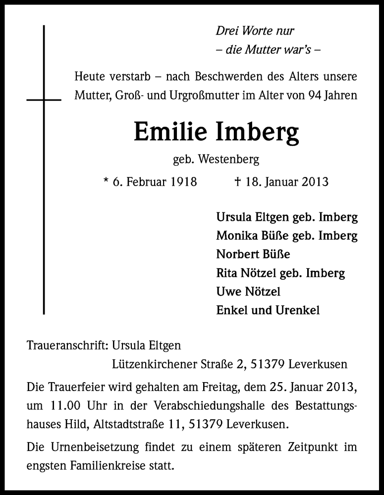  Traueranzeige für Emilie Imberg vom 22.01.2013 aus Kölner Stadt-Anzeiger / Kölnische Rundschau / Express