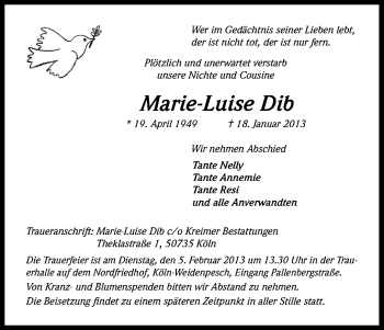 Anzeige von Marie-Luise Dib von Kölner Stadt-Anzeiger / Kölnische Rundschau / Express