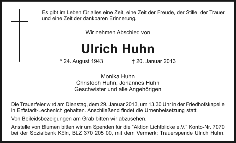  Traueranzeige für Ulrich Huhn vom 23.01.2013 aus Kölner Stadt-Anzeiger / Kölnische Rundschau / Express