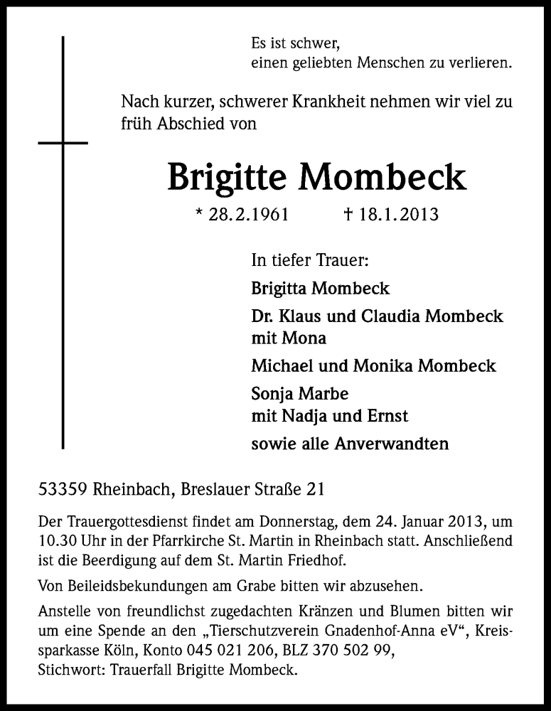  Traueranzeige für Brigitte Mombeck vom 23.01.2013 aus Kölner Stadt-Anzeiger / Kölnische Rundschau / Express