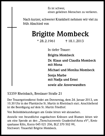 Anzeige von Brigitte Mombeck von Kölner Stadt-Anzeiger / Kölnische Rundschau / Express