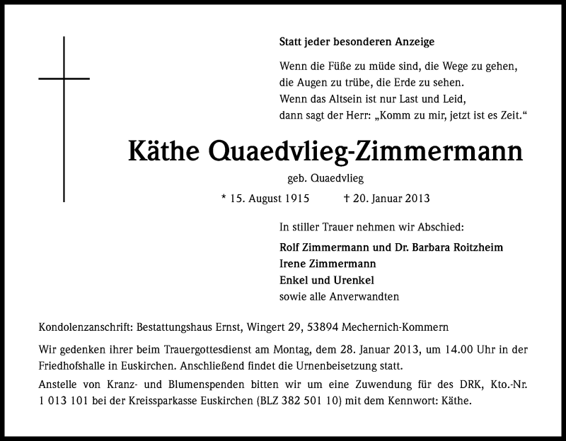  Traueranzeige für Käthe Quaedvlieg-Zimmermann vom 23.01.2013 aus Kölner Stadt-Anzeiger / Kölnische Rundschau / Express