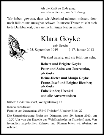 Anzeige von Klara Goyke von Kölner Stadt-Anzeiger / Kölnische Rundschau / Express