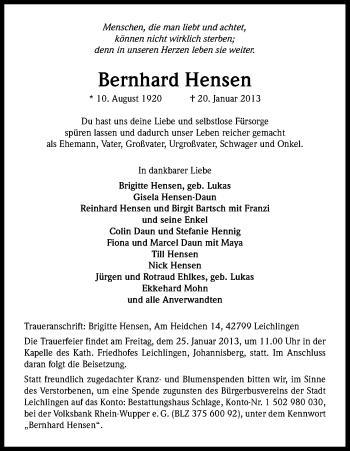 Anzeige von Bernhard Hensen von Kölner Stadt-Anzeiger / Kölnische Rundschau / Express