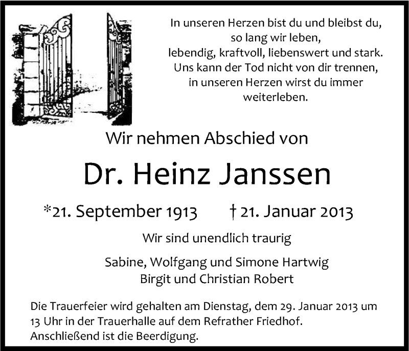  Traueranzeige für Heinz Janssen vom 23.01.2013 aus Kölner Stadt-Anzeiger / Kölnische Rundschau / Express