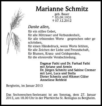 Anzeige von Marianne Schmitz von Kölner Stadt-Anzeiger / Kölnische Rundschau / Express