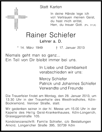 Anzeige von Rainer Schiefer von Kölner Stadt-Anzeiger / Kölnische Rundschau / Express