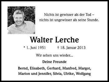 Anzeige von Walter Lerche von Kölner Stadt-Anzeiger / Kölnische Rundschau / Express