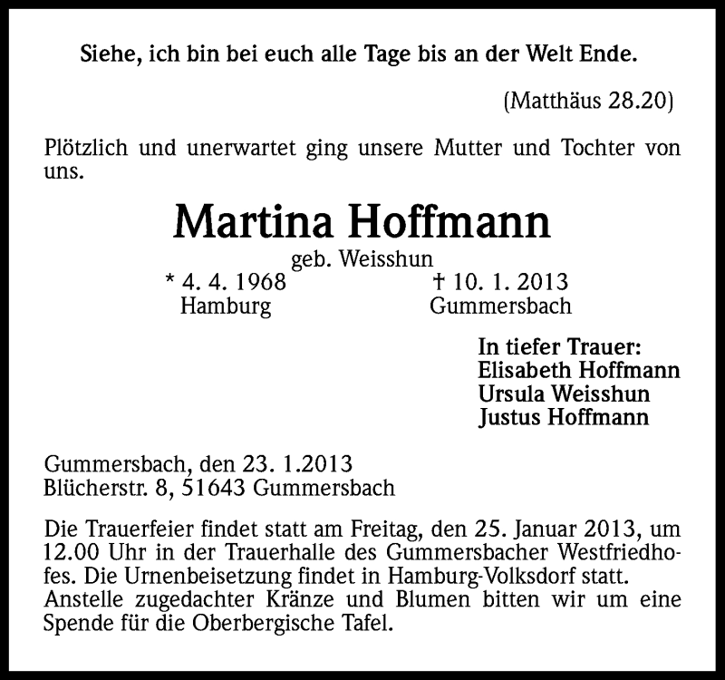  Traueranzeige für Martina Hoffmann vom 23.01.2013 aus Kölner Stadt-Anzeiger / Kölnische Rundschau / Express