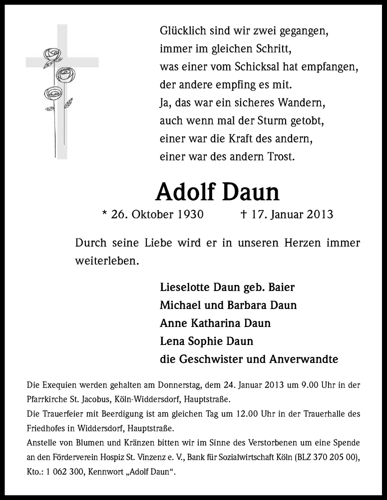  Traueranzeige für Adolf Daun vom 23.01.2013 aus Kölner Stadt-Anzeiger / Kölnische Rundschau / Express