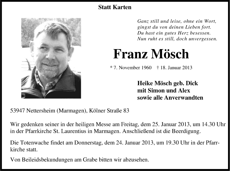  Traueranzeige für Franz Mösch vom 23.01.2013 aus Kölner Stadt-Anzeiger / Kölnische Rundschau / Express