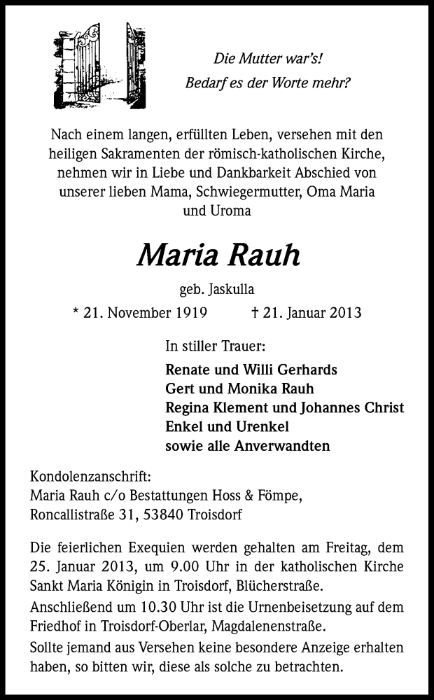  Traueranzeige für Maria Rauh vom 23.01.2013 aus Kölner Stadt-Anzeiger / Kölnische Rundschau / Express