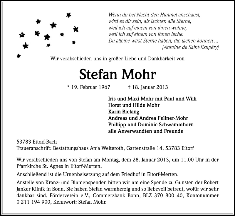  Traueranzeige für Stefan Mohr vom 23.01.2013 aus Kölner Stadt-Anzeiger / Kölnische Rundschau / Express