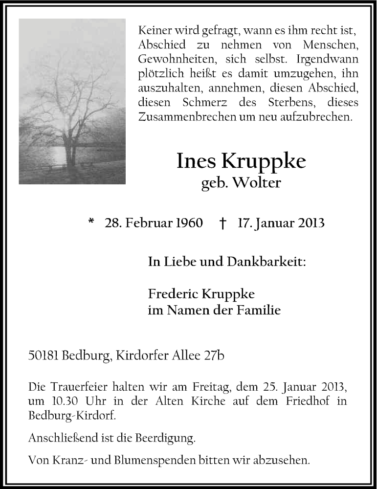  Traueranzeige für Ines Kruppke vom 23.01.2013 aus Kölner Stadt-Anzeiger / Kölnische Rundschau / Express