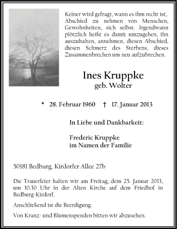 Anzeige von Ines Kruppke von Kölner Stadt-Anzeiger / Kölnische Rundschau / Express