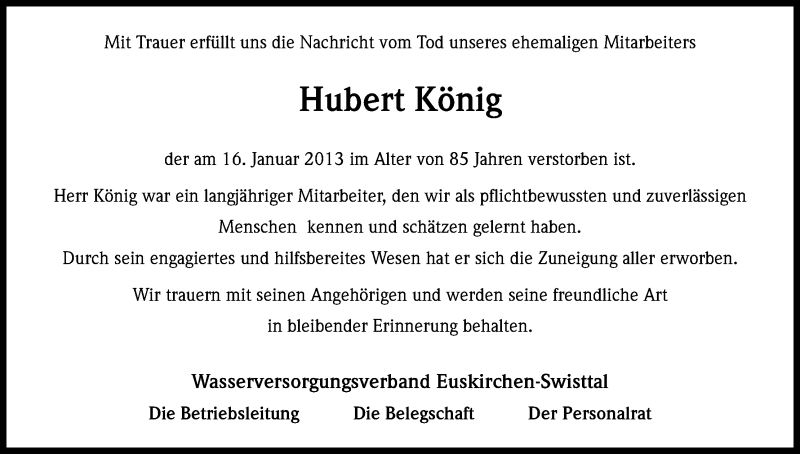  Traueranzeige für Hubert König vom 23.01.2013 aus Kölner Stadt-Anzeiger / Kölnische Rundschau / Express
