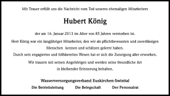 Anzeige von Hubert König von Kölner Stadt-Anzeiger / Kölnische Rundschau / Express