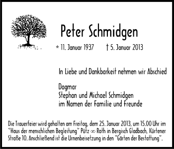 Anzeige von Peter Schmidgen von Kölner Stadt-Anzeiger / Kölnische Rundschau / Express